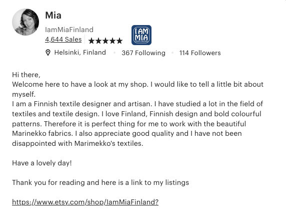 Suomalainen Mia myy tuotteita Etsy.com-verkkokaupassa.